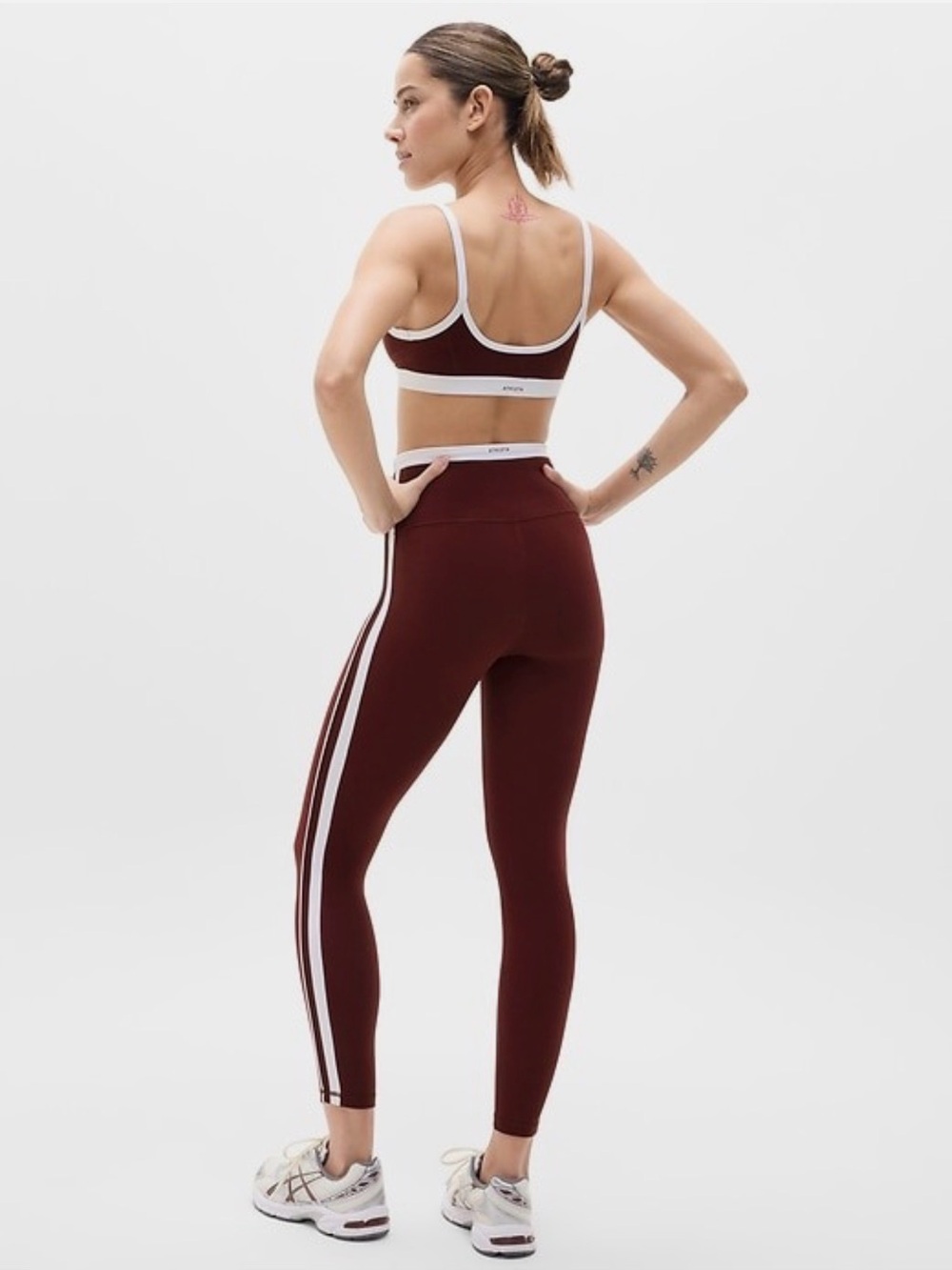 Athleta Burgundy Leggings with White Side Stripes